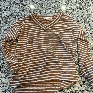 Altar'd State Brown and Cream Striped V-Neck Top